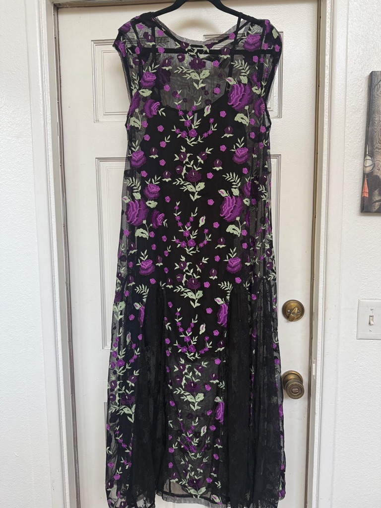 Free People Black Maxi Dress With Purple Rose Embroidery